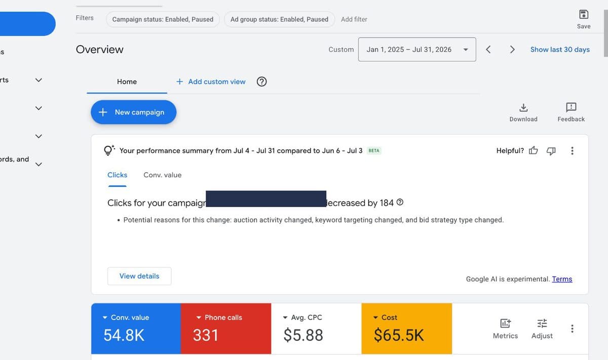 Google Ads account overview — Regal B••• Limo (Black Car & Limo Service)